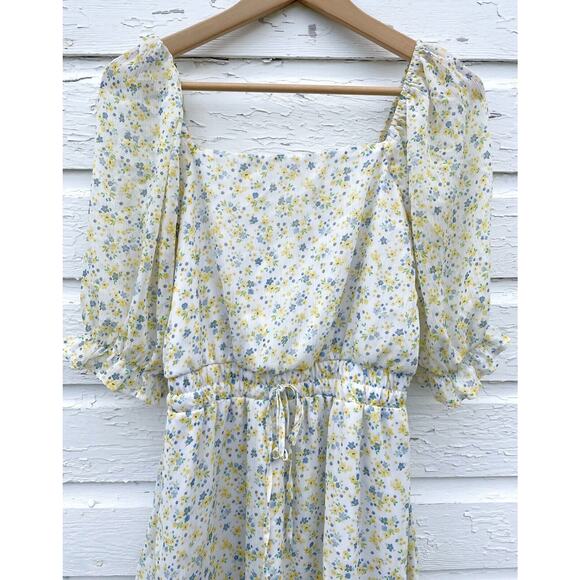 Mi Ami Dress Medium Yellow Chiffon Sheer Floral Ruffle Mini Cottage Bloused - Picture 3 of 6